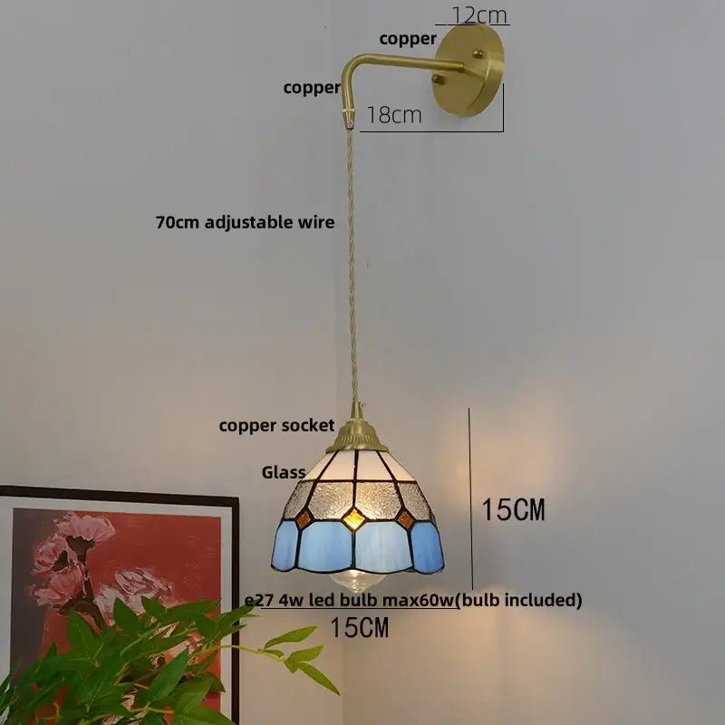 Vintage brass glass led wall sconce bedroom light with pull chain