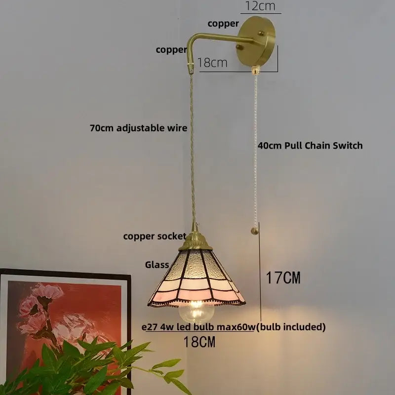 Vintage brass glass led wall sconce bedroom light with pull chain