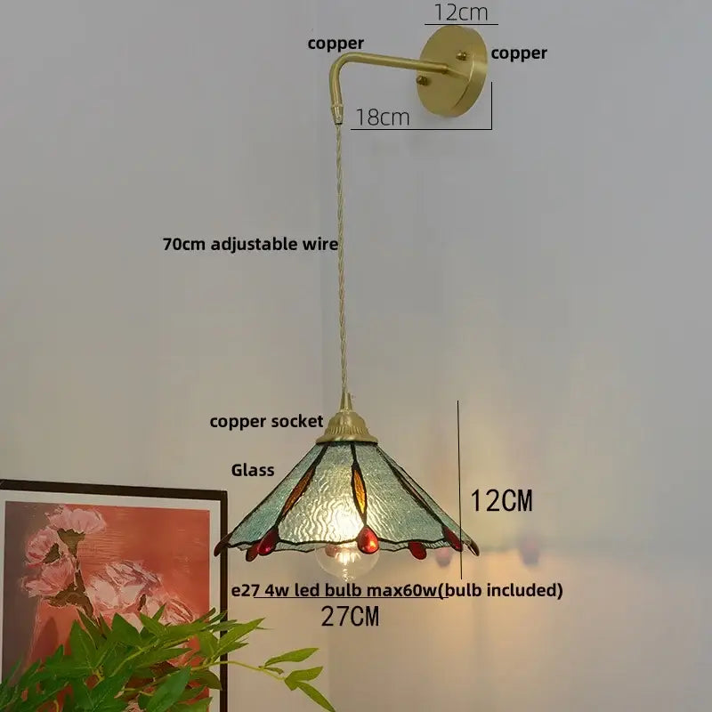 Vintage brass glass led wall sconce bedroom light with pull chain