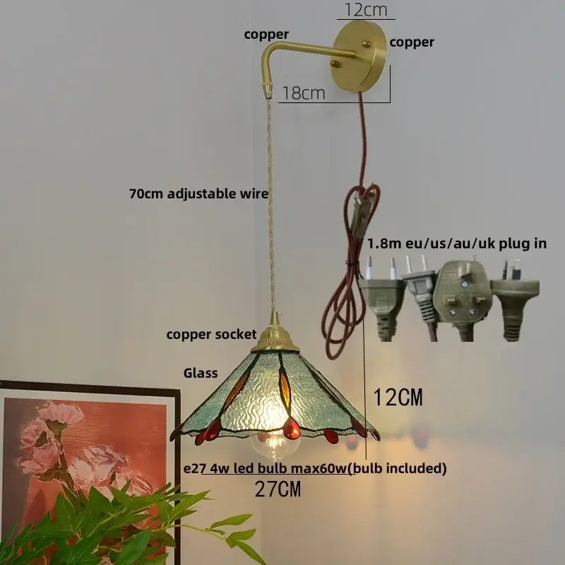 Vintage brass glass led wall sconce bedroom light with pull chain