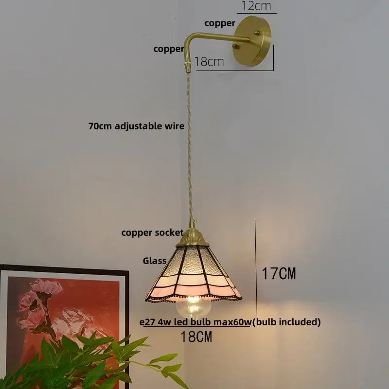 Vintage brass glass led wall sconce bedroom light with pull chain