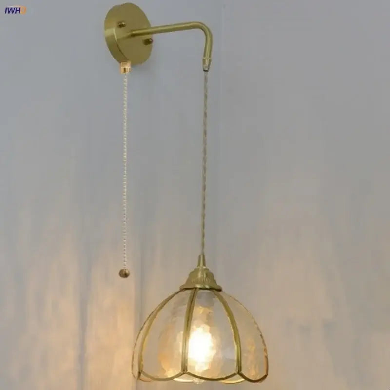 Vintage brass glass led wall sconce bedroom light with pull chain