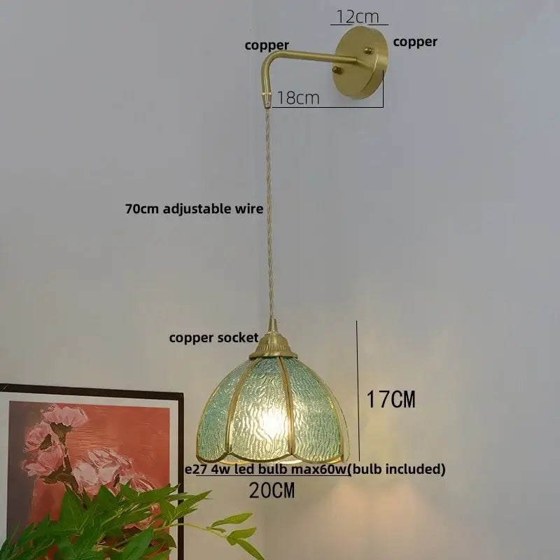 Vintage brass glass led wall sconce bedroom light with pull chain