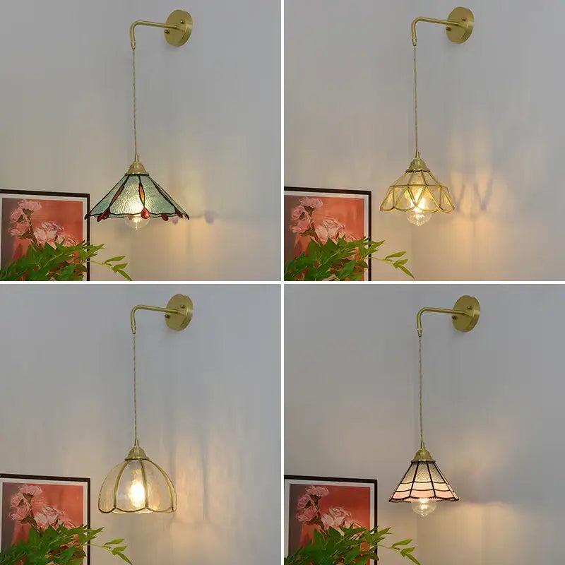 Vintage brass glass led wall sconce bedroom light with pull chain