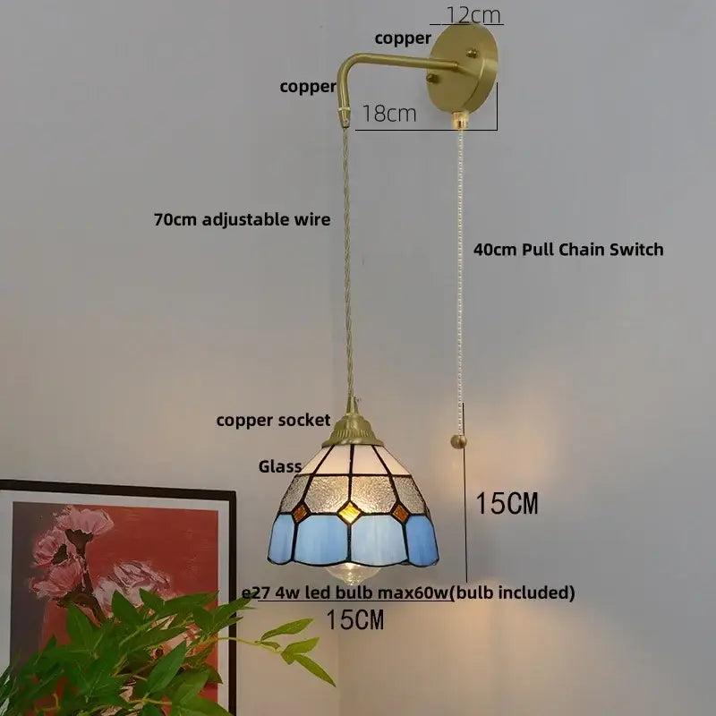 Vintage brass glass led wall sconce bedroom light with pull chain