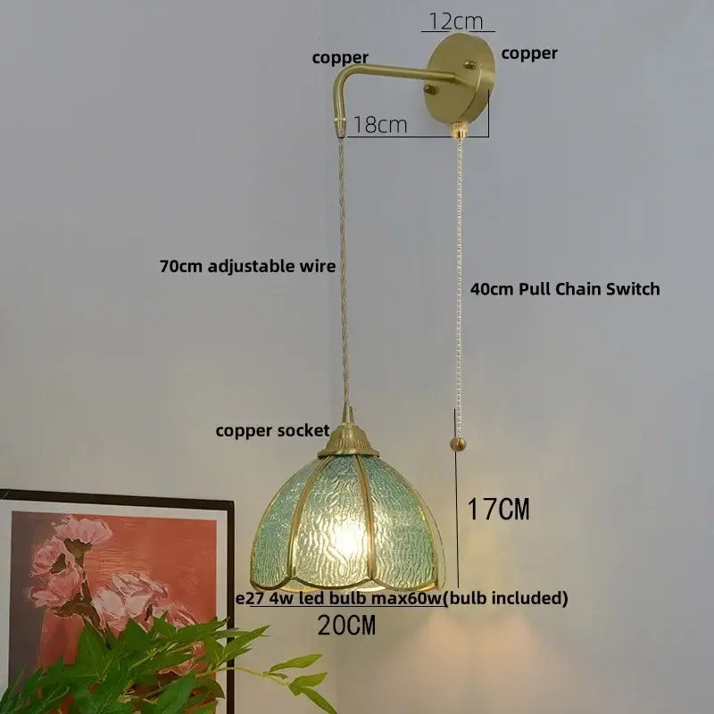 Vintage brass glass led wall sconce bedroom light with pull chain