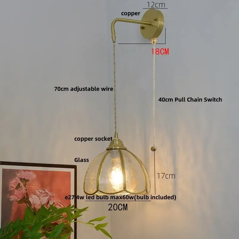 Vintage brass glass led wall sconce bedroom light with pull chain