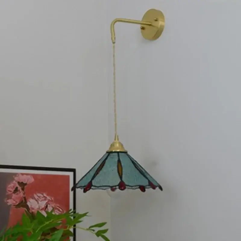 Vintage brass glass led wall sconce bedroom light with pull chain