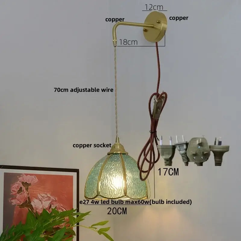 Vintage brass glass led wall sconce bedroom light with pull chain