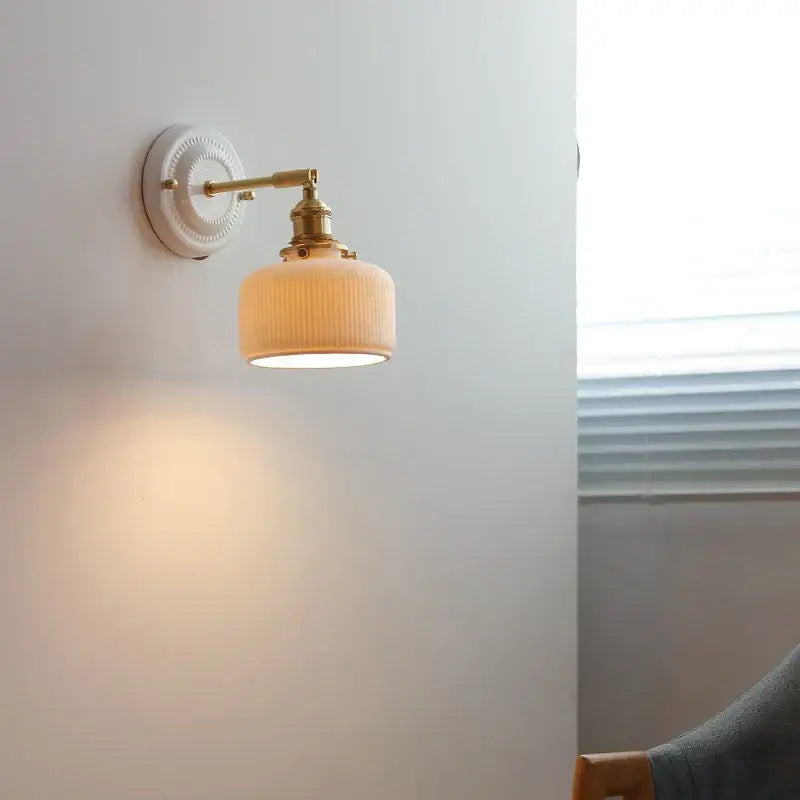 Vintage brass globe wall sconce bedroom ribbed glass light