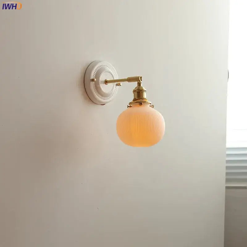 Vintage brass globe wall sconce bedroom ribbed glass light