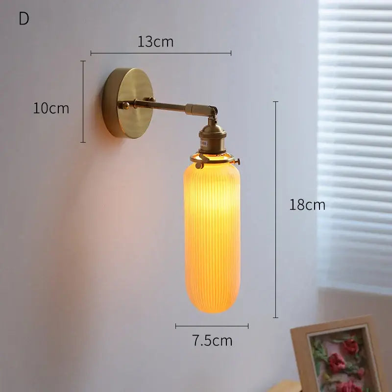 Vintage brass globe wall sconce bedroom ribbed glass light