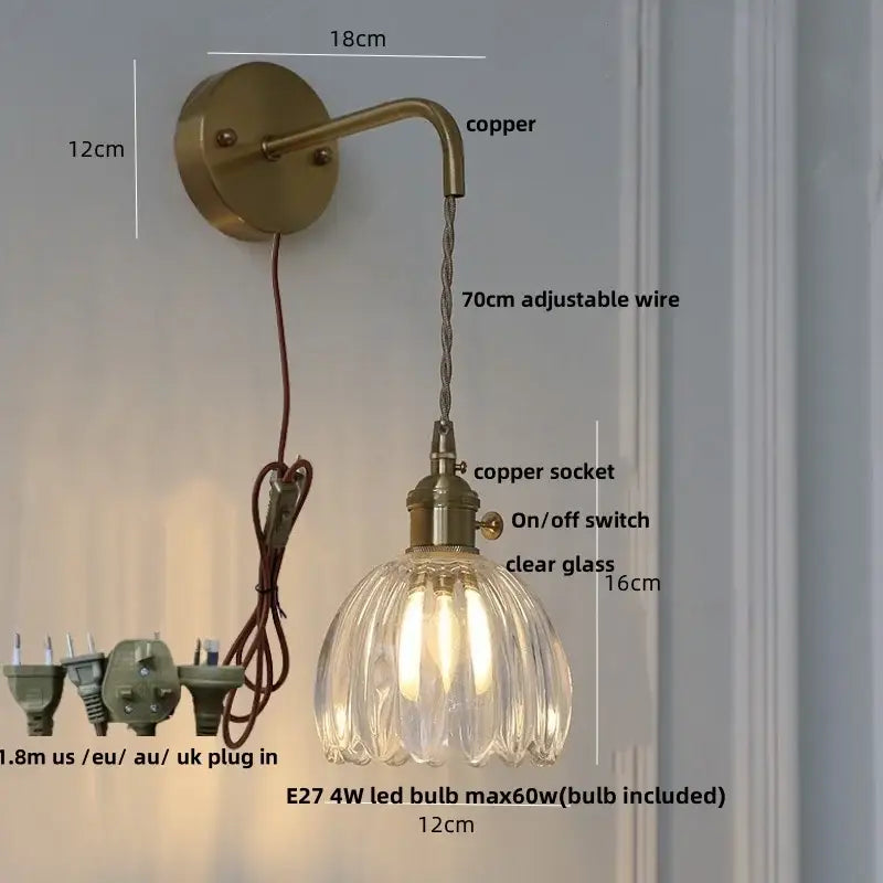 Vintage brass green glass wall light bedroom pull chain sconce