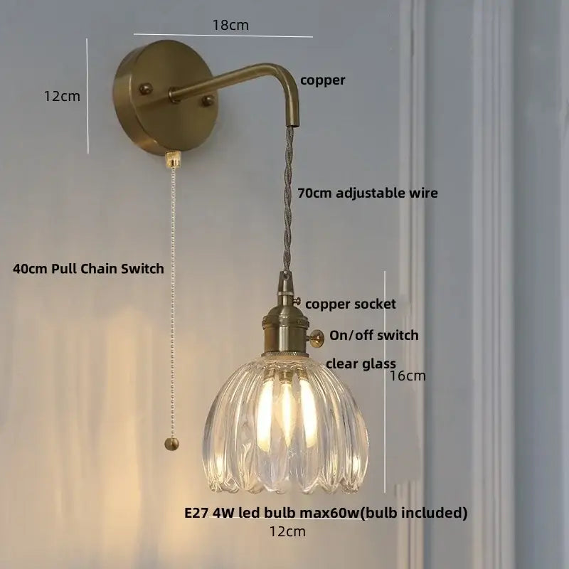 Vintage brass green glass wall light bedroom pull chain sconce