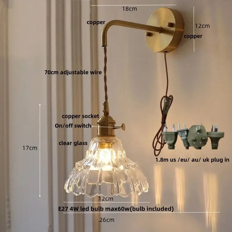 Vintage brass green glass wall light bedroom pull chain sconce