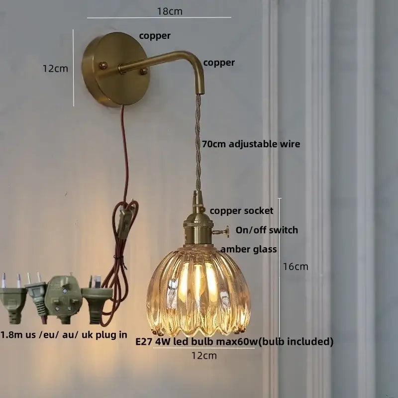 Vintage brass green glass wall light bedroom pull chain sconce