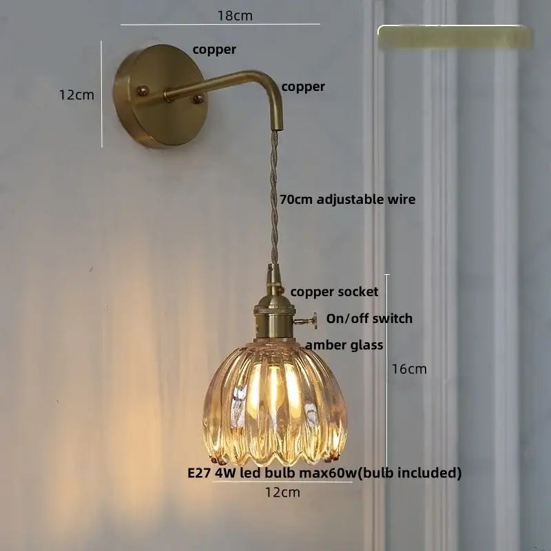 Vintage brass green glass wall light bedroom pull chain sconce