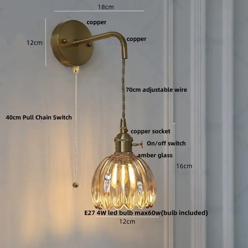 Vintage brass green glass wall light bedroom pull chain sconce