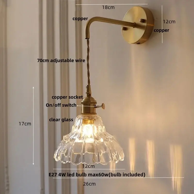 Vintage brass green glass wall light bedroom pull chain sconce