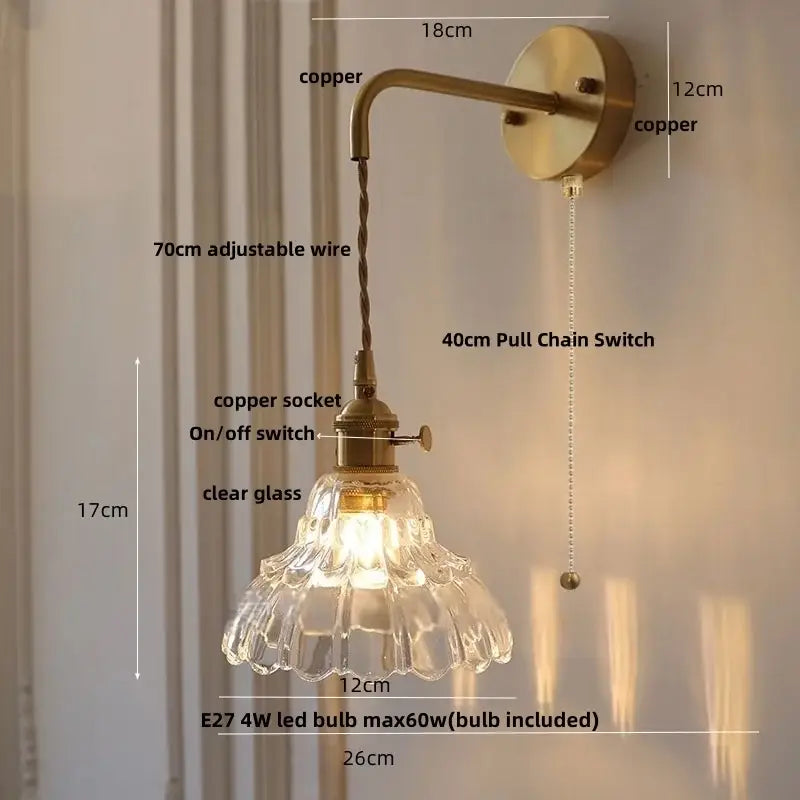 Vintage brass green glass wall light bedroom pull chain sconce