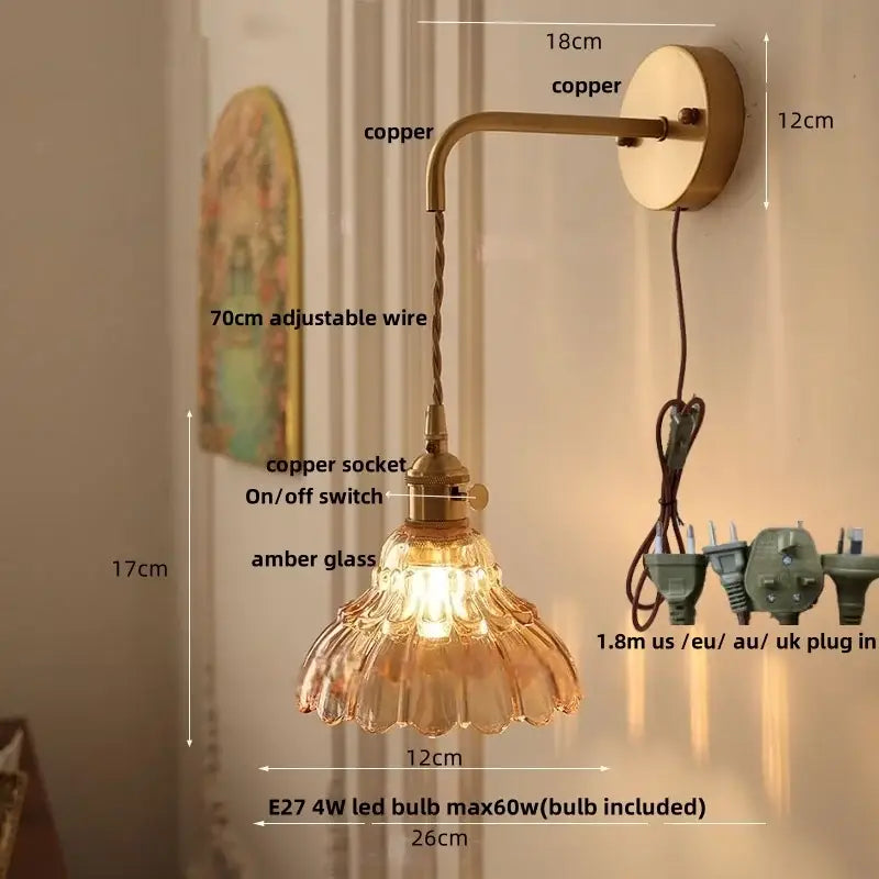 Vintage brass green glass wall light bedroom pull chain sconce