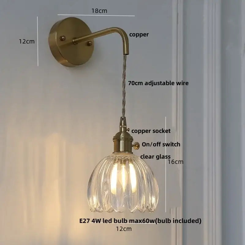 Vintage brass green glass wall light bedroom pull chain sconce