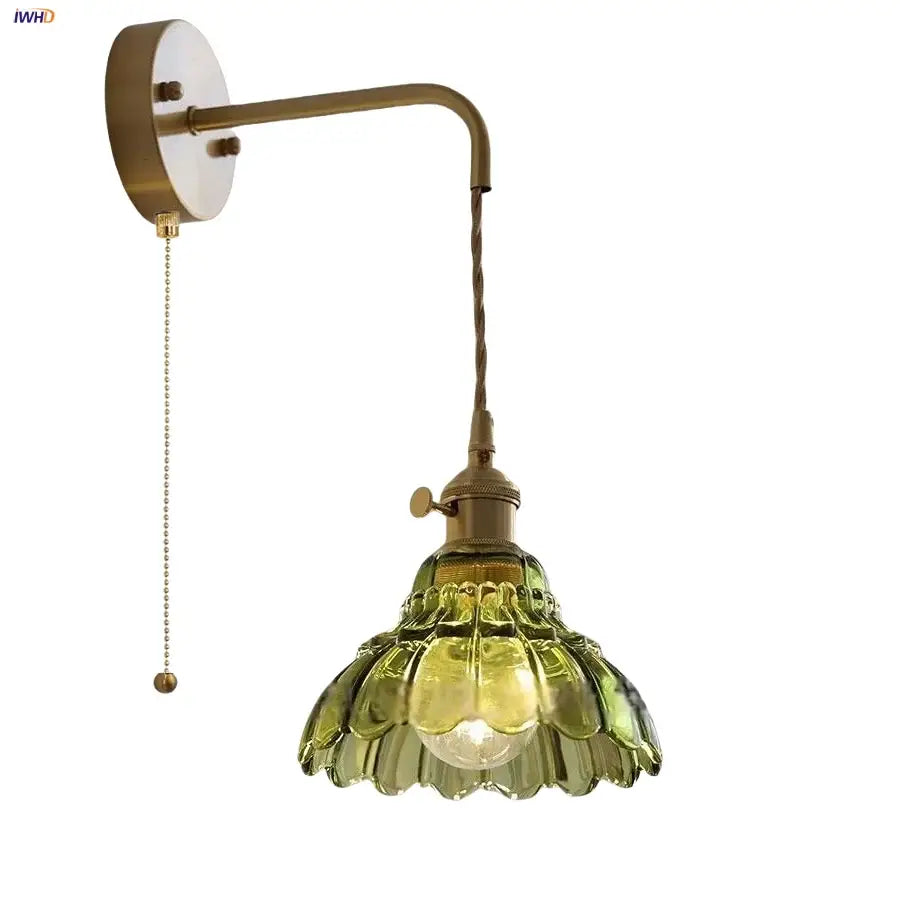 Vintage brass green glass wall light bedroom pull chain sconce