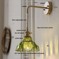 Vintage brass green glass wall light bedroom pull chain sconce