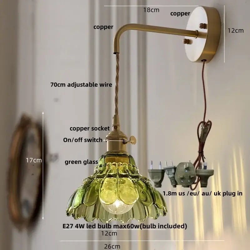 Vintage brass green glass wall light bedroom pull chain sconce