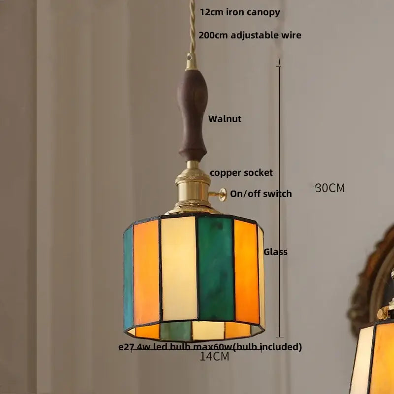 Vintage brass led pendant light amber glass dining room lamp