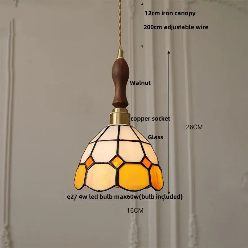 Vintage brass led pendant light amber glass dining room lamp