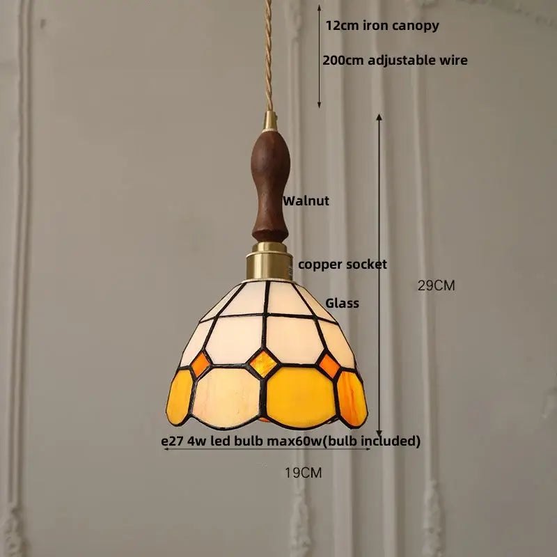 Vintage brass led pendant light amber glass dining room lamp