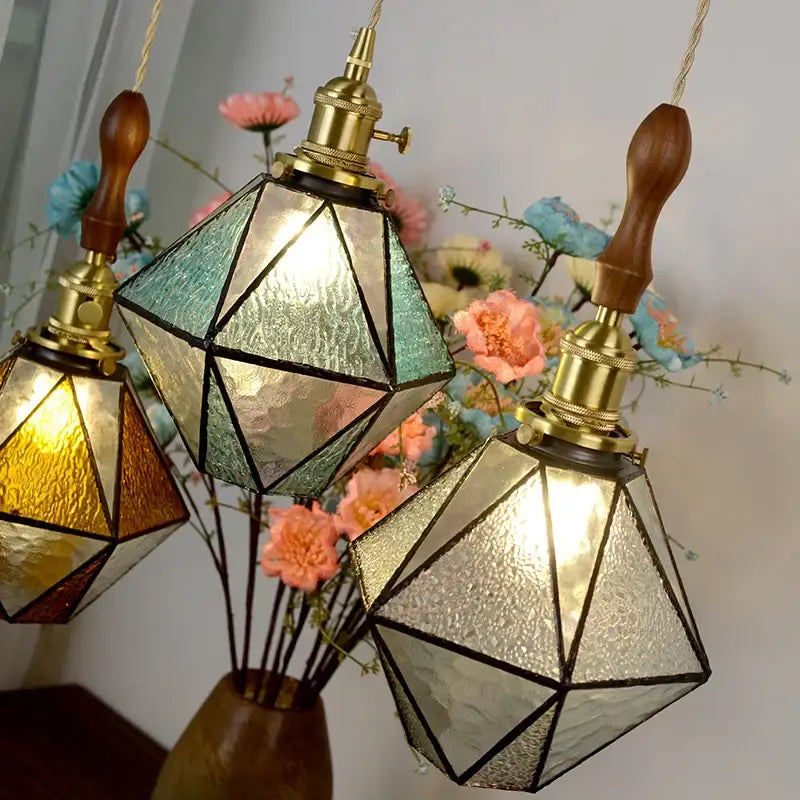 Vintage brass led pendant light clear amber & teal dining room