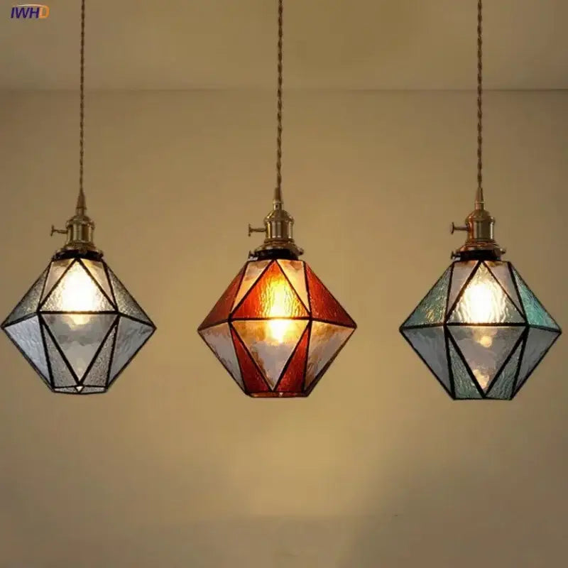 Vintage brass led pendant light clear amber & teal dining room