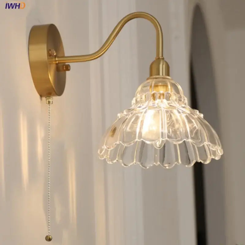 Vintage brass led wall light with fluted glass shade bedroom sconce
