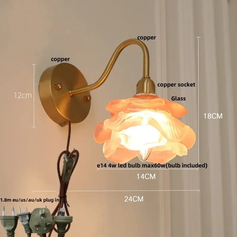 Vintage brass led wall light with fluted glass shade bedroom sconce