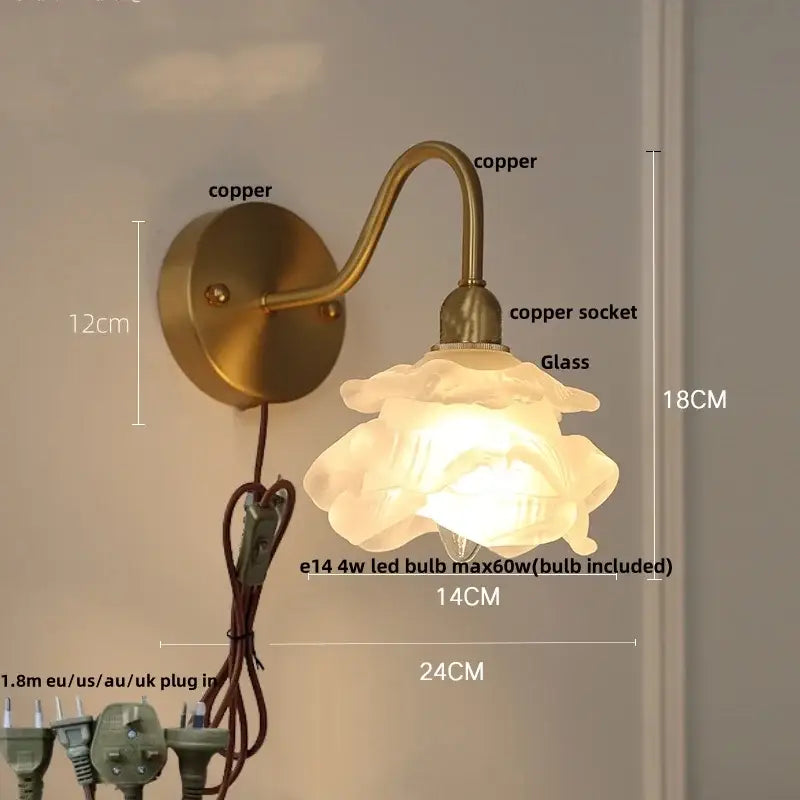 Vintage brass led wall light with fluted glass shade bedroom sconce