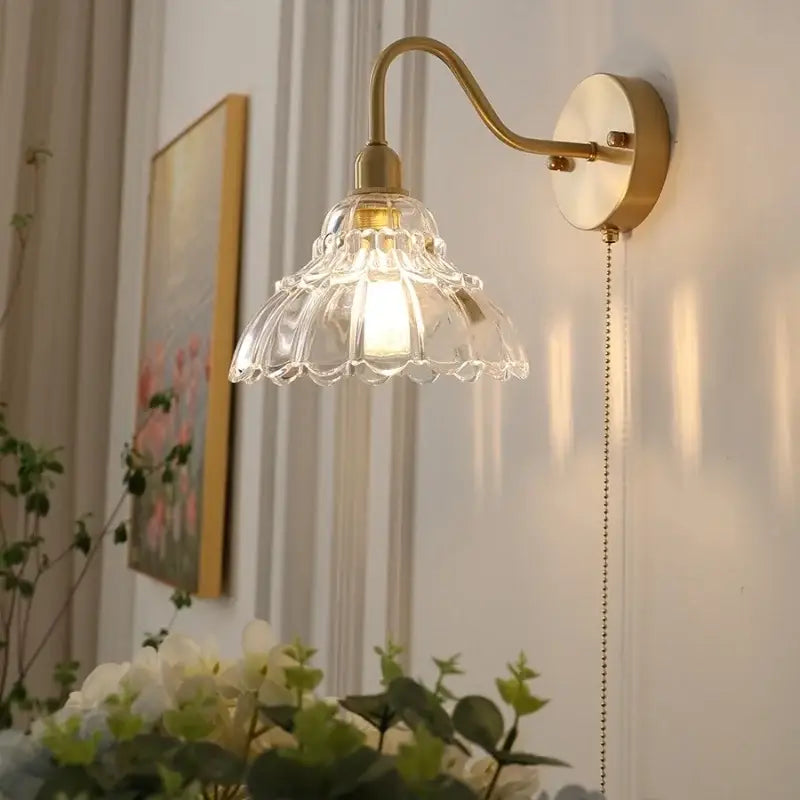 Vintage brass led wall light with fluted glass shade bedroom sconce