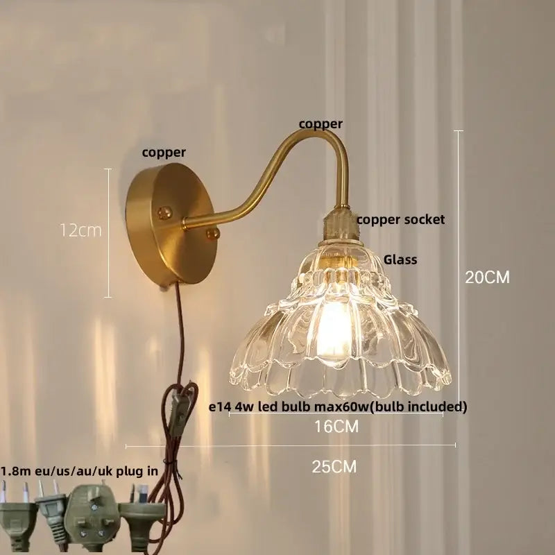 Vintage brass led wall light with fluted glass shade bedroom sconce