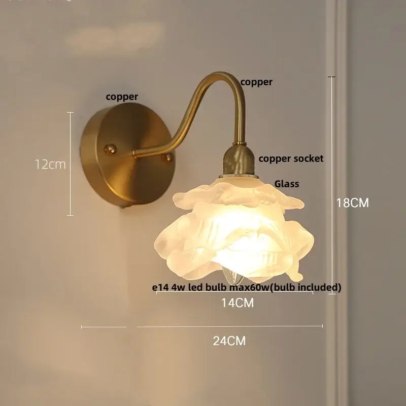 Vintage brass led wall light with fluted glass shade bedroom sconce