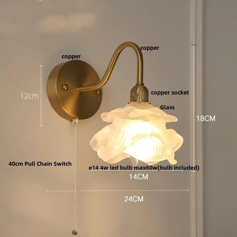 Vintage brass led wall sconce with pull chain bathroom vanity light