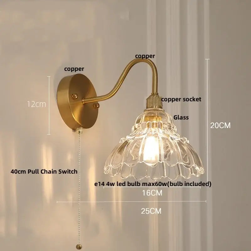Vintage brass led wall sconce with pull chain bathroom vanity light