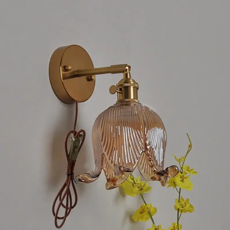 Vintage brass loft amber glass wall light bedroom flower sconce