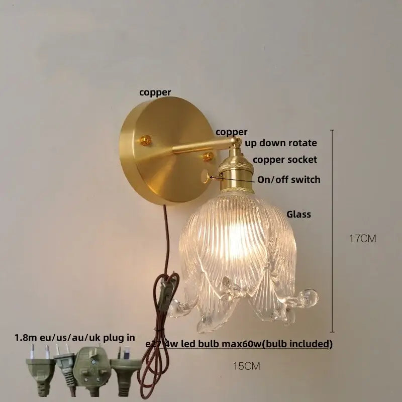 Vintage brass loft amber glass wall light bedroom flower sconce