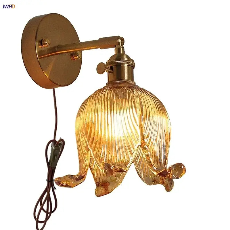 Vintage brass loft amber glass wall light bedroom flower sconce
