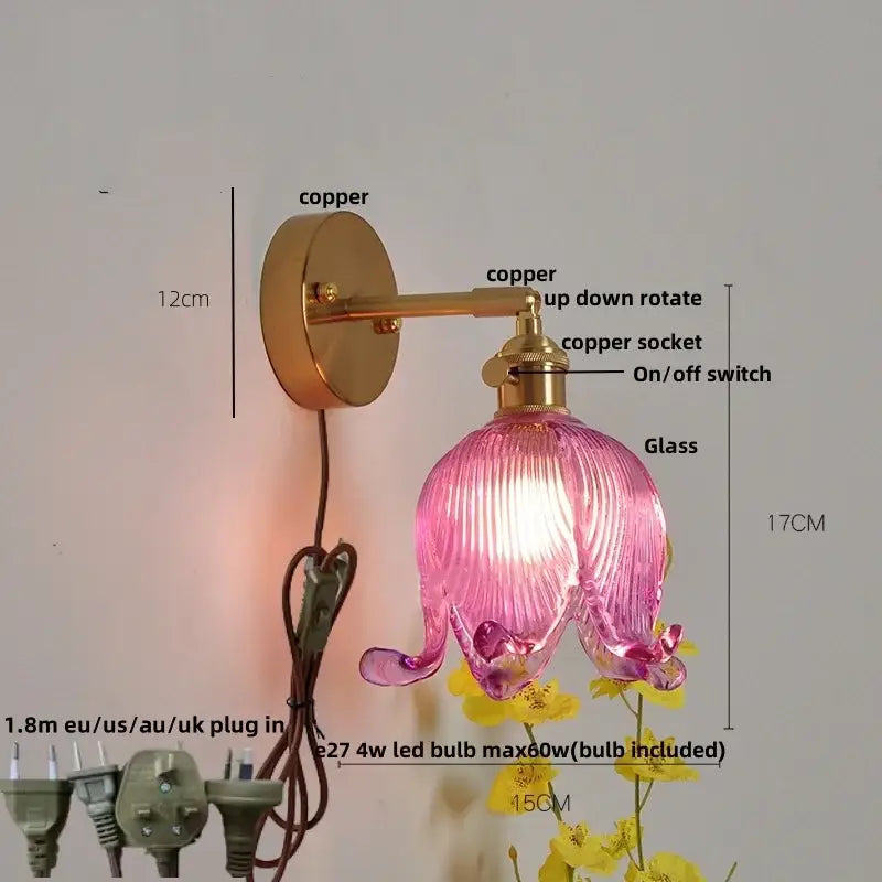 Vintage brass loft amber glass wall light bedroom flower sconce