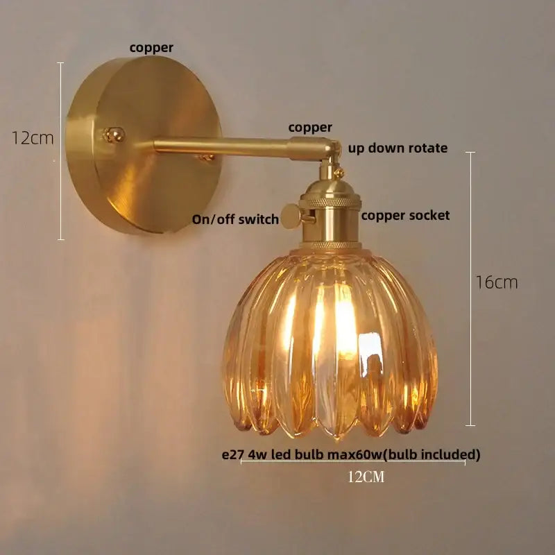 Vintage brass loft amber glass wall light bedroom flower sconce