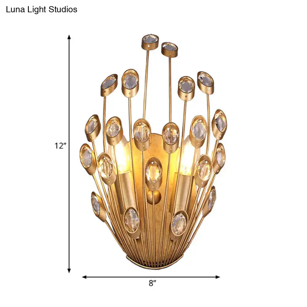 Vintage brass peacock tail design crystal wall lamp bedroom sconce