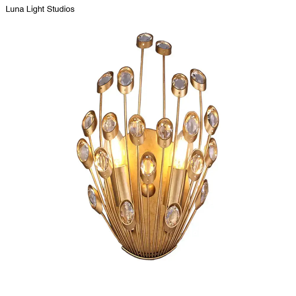 Vintage brass peacock tail design crystal wall lamp bedroom sconce