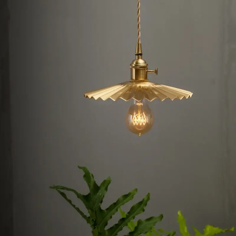 Vintage brass pleated led pendant light dining room edison bulb